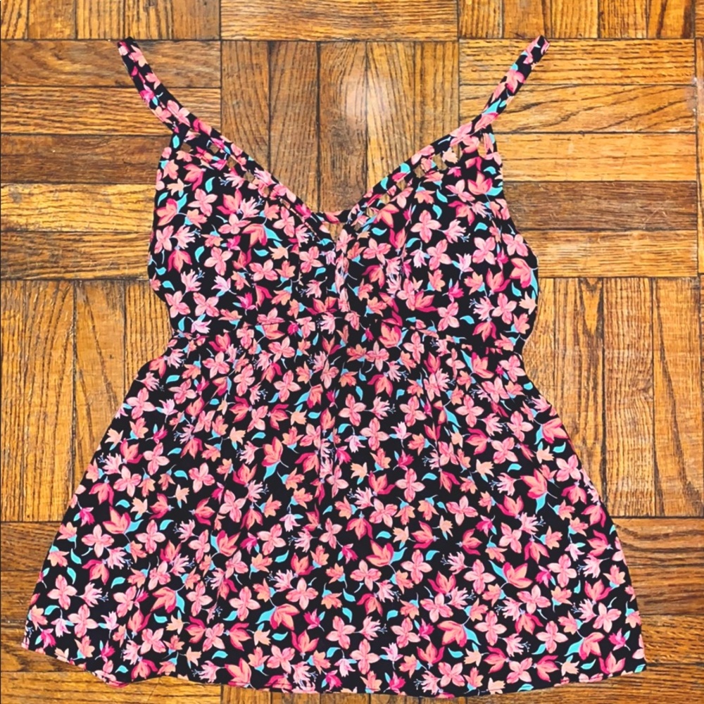 Flowy flower black, pink and orange tank top